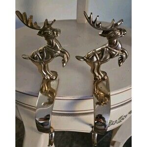 2 Vintage Solid Brass Christmas Reindeer Mantel Stocking Holders Velvet bottom